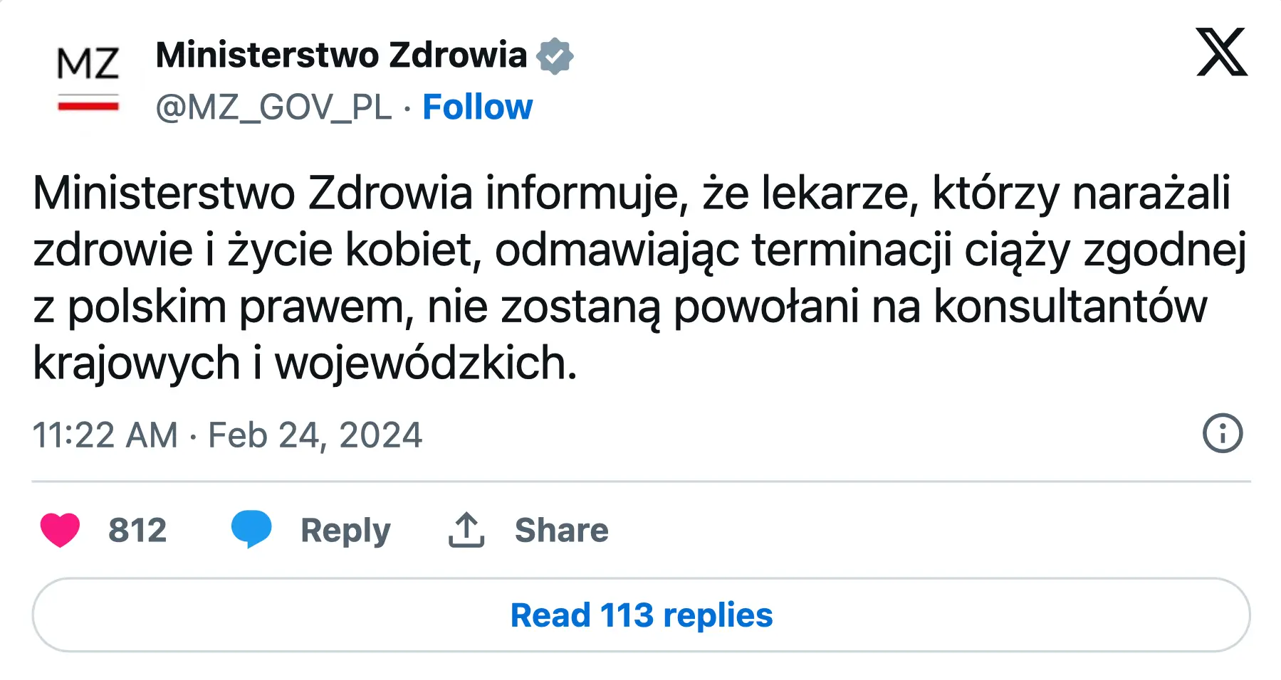 Ministerstwo Zdrowia informuje, że lekarze, którzy narażali zdrowie i życie kobiet, odmawiając terminacji ciąży zgodnej z polskim prawem, nie zostaną powołani na konsultantów krajowych i wojewódzkich.