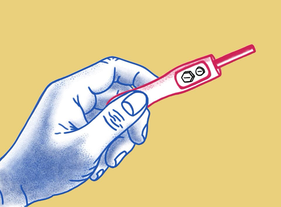 Grafika przedstawiająca test ciążowy wysylizowany na termometr - nawiązuje to pandemii koronawirusa.